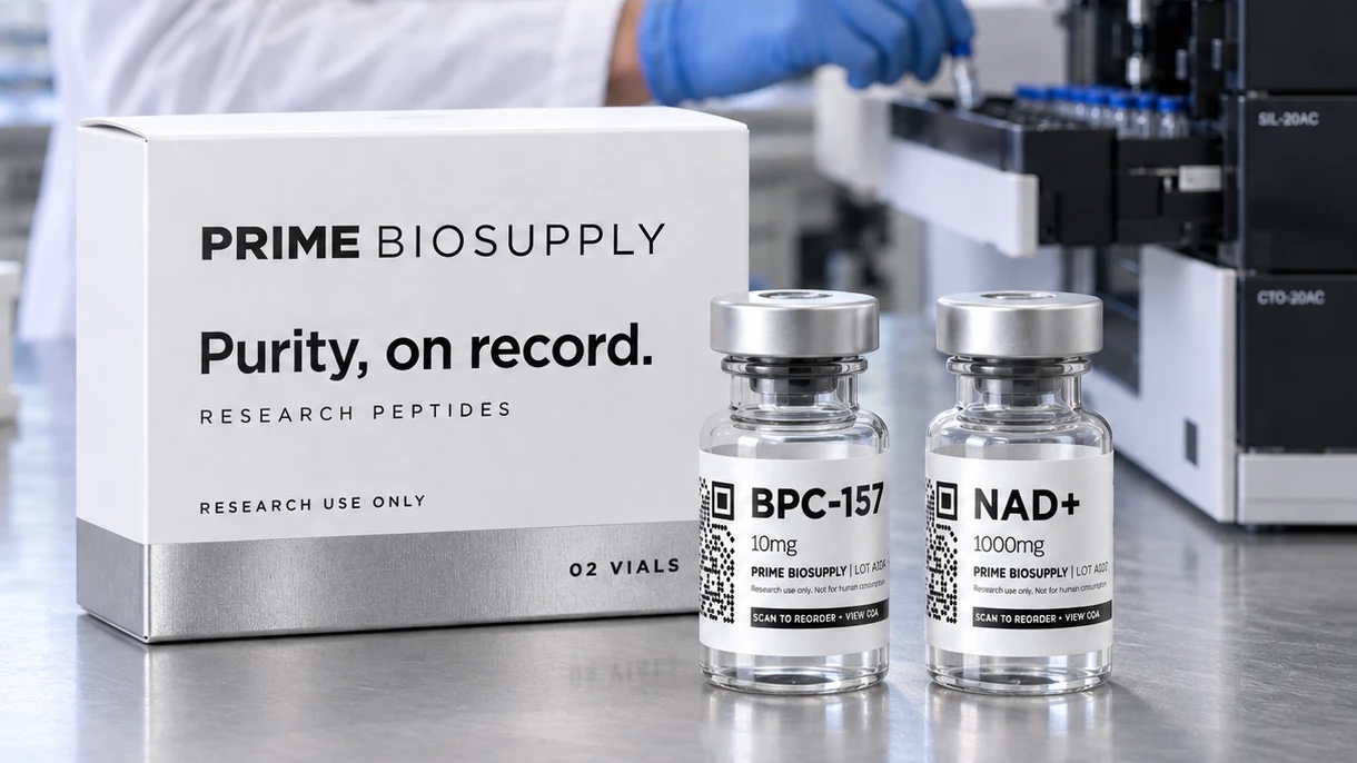 Prime Biosupply research peptides — box and two vials on a lab bench